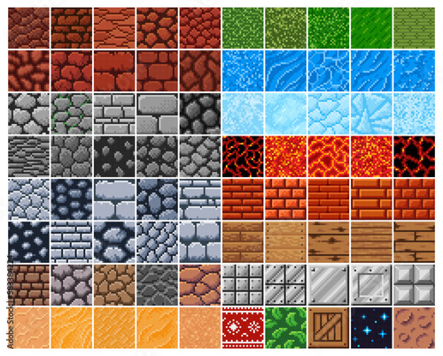 Retro 8 bit pixel surface patterns, stone, brick and wooden box, sand and metal vector tiles. Rock, grass, water, ice and lava in 8bit pixel, pattern backgrounds for arcade game level or platform