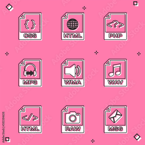 Set CSS file document, HTML, PHP, MP3, WMA and WAV icon. Vector