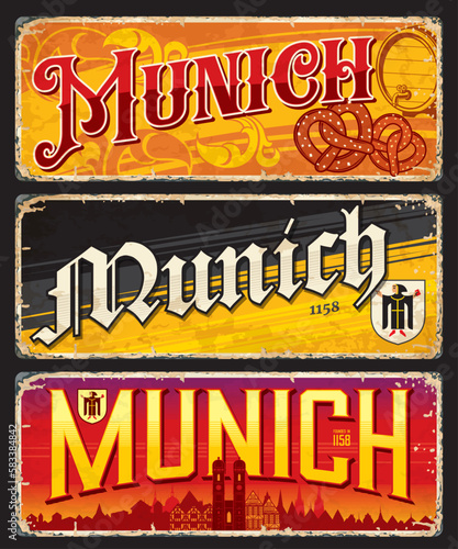 Munich travel stickers and plates or Germany city luggage tags, vector tin signs. Germany travel and Bavaria tourism plates with Munich or Munchen cathedral landmarks and city flag or emblems