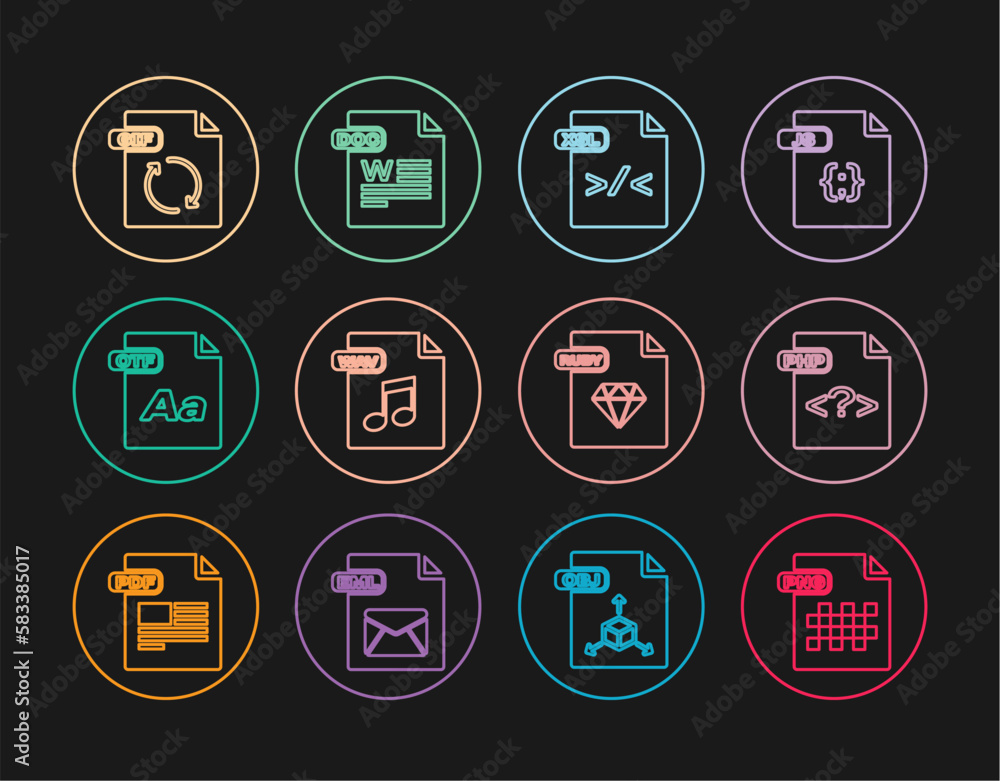 Set line PNG file document, PHP, XSL, WAV, OTF, GIF, RUBY and DOC icon. Vector Set line PNG file document, PHP, XSL, WAV, OTF, GIF, RUBY and DOC icon. Vector