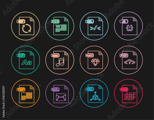 Set line PNG file document, PHP, XSL, WAV, OTF, GIF, RUBY and DOC icon. Vector