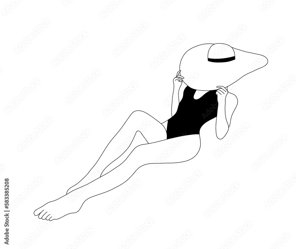 Linear girl is sunbathing in Panama hat. Attractive woman in black swimsuit. On line continuous. Vector outline illustration for logo, print, card, poster. Travel blog concept. Linear girl is sunbathing in Panama hat. Attractive woman in black swimsuit. On line continuous. Vector outline illustration for logo, print, card, poster. Travel blog concept.