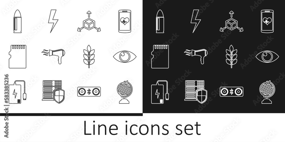 Set line Earth globe, Eye, Isometric cube, Hair dryer, Micro SD memory card, Bullet, Wheat and Lightning bolt icon. Vector Set line Earth globe, Eye, Isometric cube, Hair dryer, Micro SD memory card, Bullet, Wheat and Lightning bolt icon. Vector