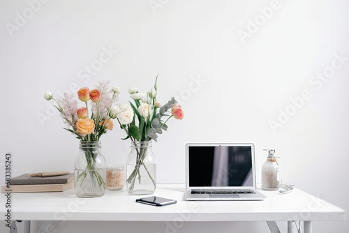 Workspace of a freelancer or blogger showing the front of a laptop with a blank screen against a white background. desk for a home office furnished in simplicity. Generative AI