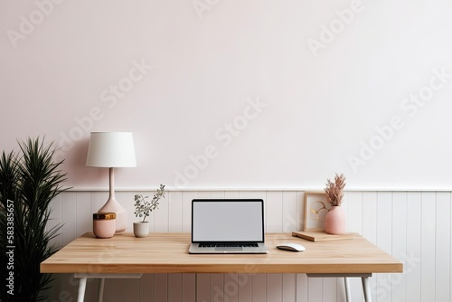 White screen on a pink laptop on a wooden table in a Scandinavian style home. a chic, minimalist office with copy space. Generative AI