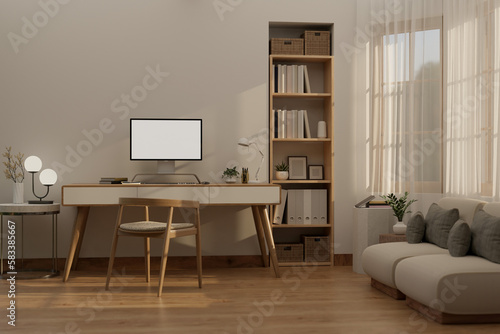 Beautiful Scandinavian home living room with workspace interior design, computer mockup © bongkarn