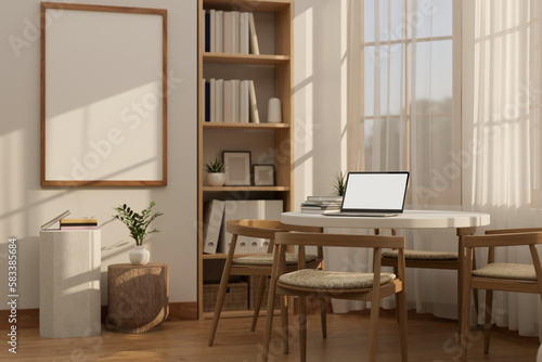 Beautiful cozy Scandinavian home workspace interior design with laptop mockup on table