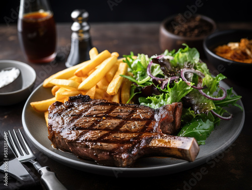 plate with steak, french fries and salad on a decorative wooden table, generative ai