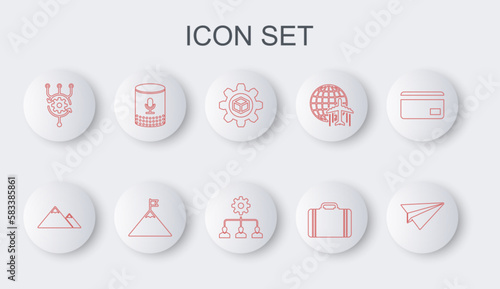 Set line Paper plane, Mountains, Product development, Suitcase for travel, Algorithm, Voice assistant, and flag and Lead management icon. Vector