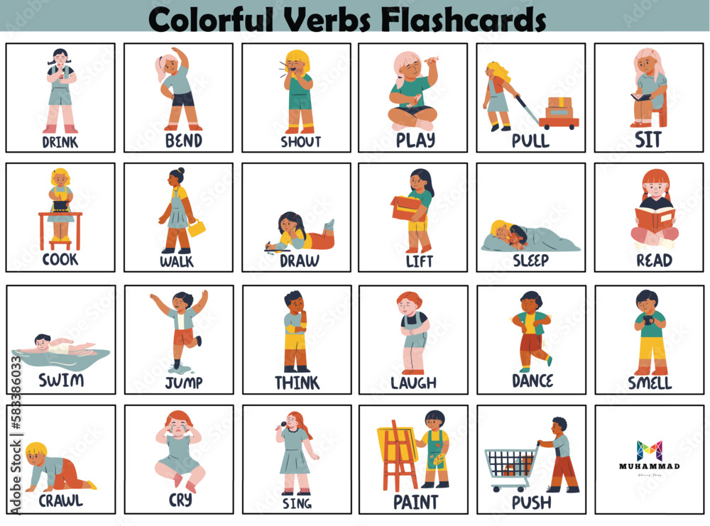 Colorful Verbs Flashcards, Kids learning Content, Kids learning ...