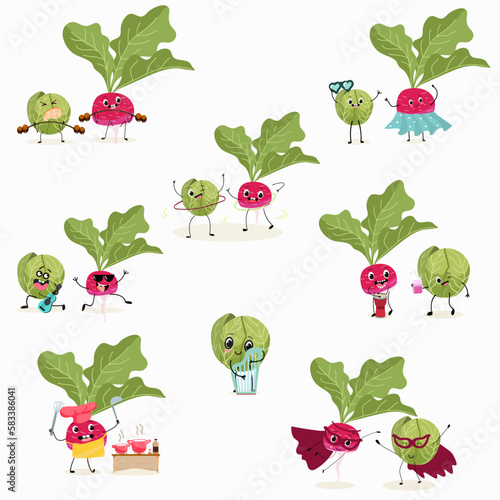 Illustration vector set, collection with funny  cabbage, brussels, sprouts, radish 
characters doing sports, playing musical instruments. Vector cartoon, agriculture, raw.