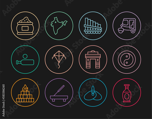Set line Indian vase, Yin Yang, Pan flute, Kite, Wood cricket bat and ball, spice, Gate Delhi and map icon. Vector