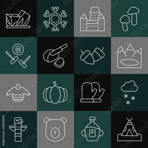 Set line Indian teepee or wigwam, Cloud with snow, Canadian lake, Chateau Frontenac hotel, Peameal bacon, Curling sport game, Royal Ontario museum and Acorn icon. Vector