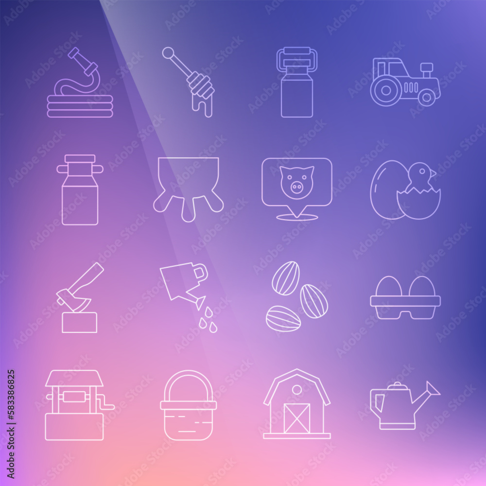 Set line Watering can, Chicken egg box, Little chick cracked, Can container for milk, Udder, Garden hose and Pig icon. Vector Set line Watering can, Chicken egg box, Little chick cracked, Can container for milk, Udder, Garden hose and Pig icon. Vector