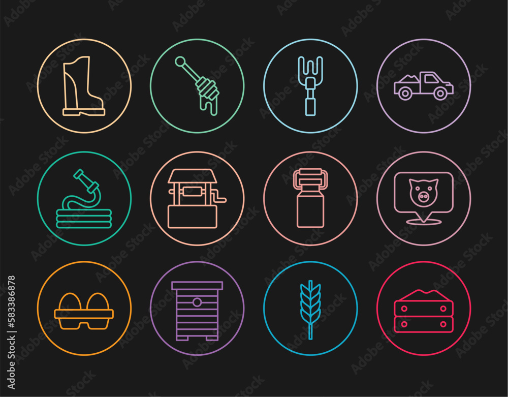 Set line Bag of flour, Pig, Garden rake, Well, hose, Waterproof rubber boot, Can container for milk and Honey dipper stick icon. Vector Set line Bag of flour, Pig, Garden rake, Well, hose, Waterproof rubber boot, Can container for milk and Honey dipper stick icon. Vector