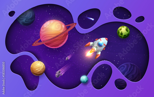 Cartoon paper cut space landscape and rocket, vector papercut art galaxy background. Spaceship shuttle with space planets or moon, paper cut out spaceship and asteroids with meteorites in galaxy sky