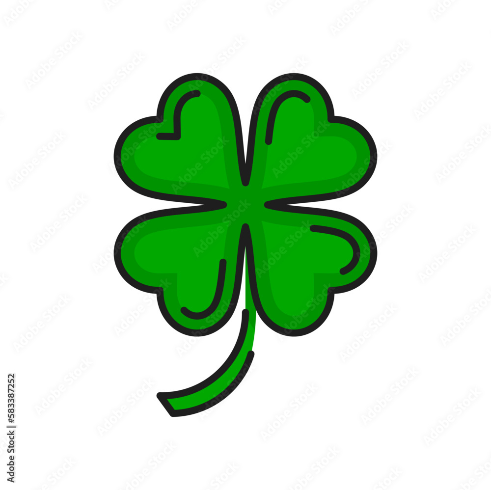 Green four leaf clover isolated color line icon. Vector fortune and good luck outline symbol, St. Patrick day lucky clover leaf Green four leaf clover isolated color line icon. Vector fortune and good luck outline symbol, St. Patrick day lucky clover leaf