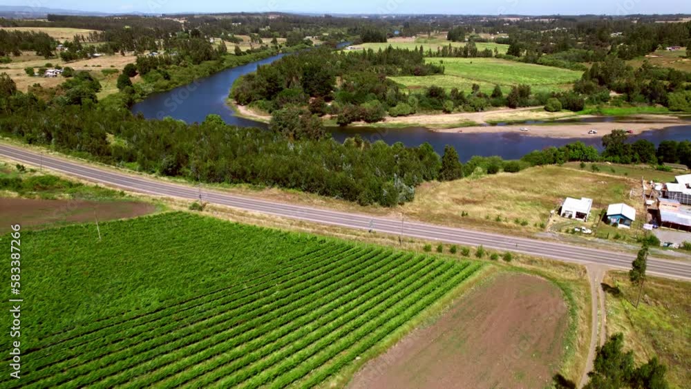 Aerial shot overhead Malleco Valley with a small vineyard next to cholchol river Aerial shot overhead Malleco Valley with a small vineyard next to cholchol river