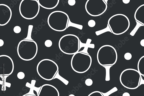 Vector seamless pattern of a flat ping pong table tennis sports badge. Rackets and a table tennis ball seamlessly repeat the pattern in black for any design.