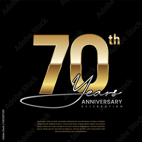 70 year anniversary. Luxury logo with golden number. Handwritten text style. Logo Vector Template