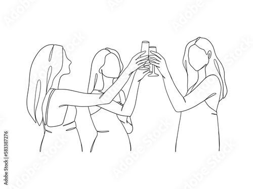 Continuous one line drawing of people cheering glasses of wine. Vector illustration.