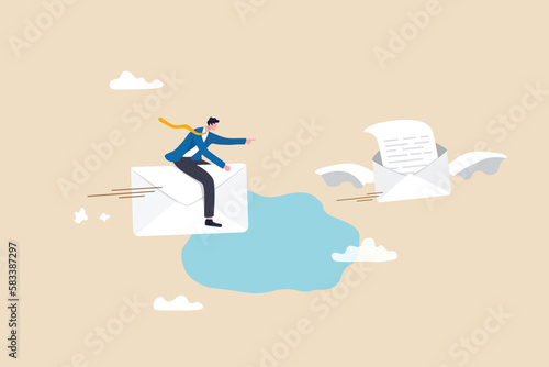 Follow up email sending message to confirm important project, ensure progress or tracking project status, communicate plan concept, businessman riding flying follow up email envelope.