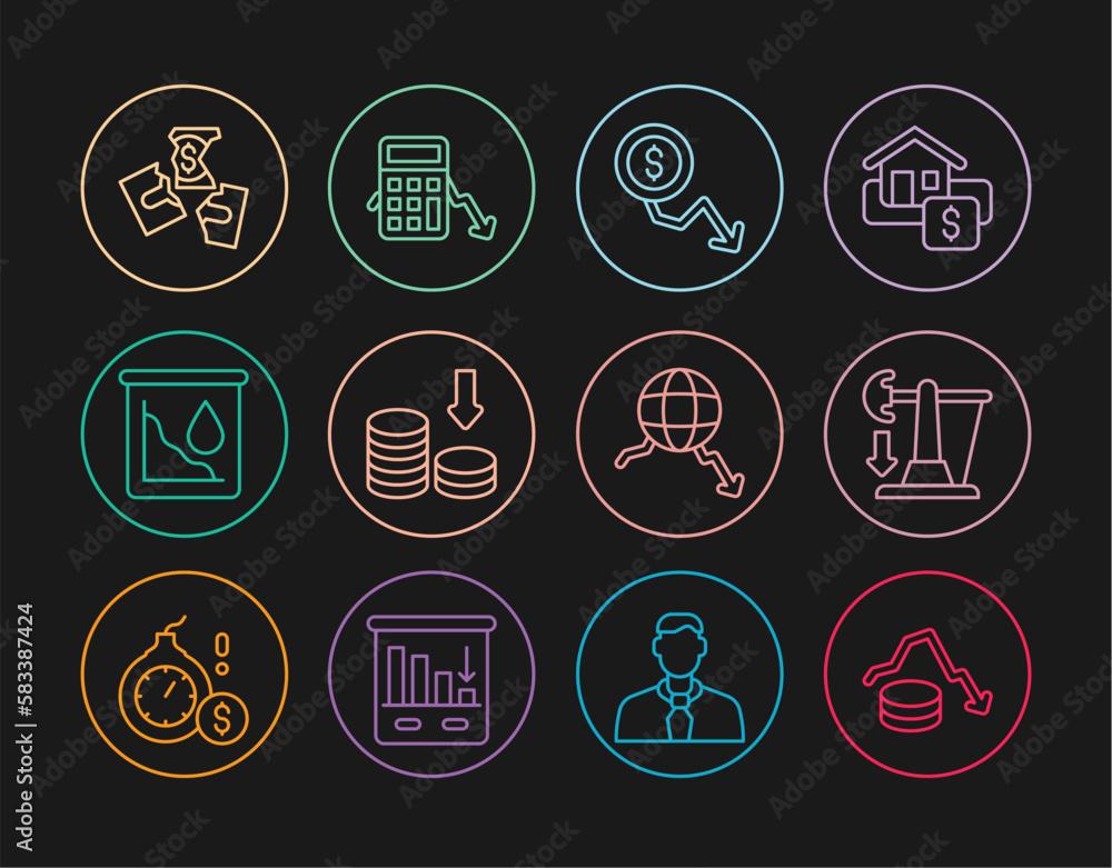 Set line Dollar rate decrease, Drop in crude oil price, Tearing money banknote, Global economic crisis and Calculation of expenses icon. Vector Set line Dollar rate decrease, Drop in crude oil price, Tearing money banknote, Global economic crisis and Calculation of expenses icon. Vector