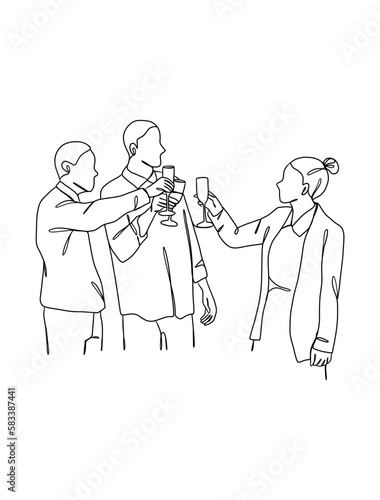 Continuous one line drawing of people cheering glasses of wine. Vector illustration.
