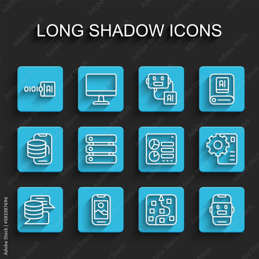 Set line Server, Data, Mobile phone, Binary code, Neural network, Chat bot, and Computer api interface icon. Vector