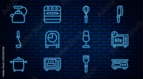 Set line Electronic scales, Microwave oven, Kitchen whisk, timer, ladle, Kettle with handle, Wine glass and Oven icon. Vector