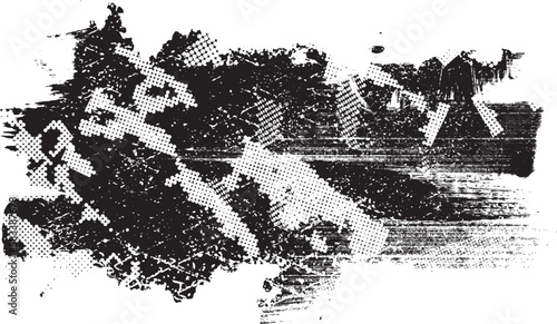 Glitch distorted grungy isolated banner . Design element for brochure, social media, posters, flyers. Overlay texture.Textured banner with Distress effect .Vector halftone dots . Screen print texture