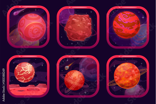 Space game app icons with red planets. Videogame interface button, computer application vector GUI or cellphone app icon. Mobile game UI with fantastic space galaxy red planets, stars in outerspace