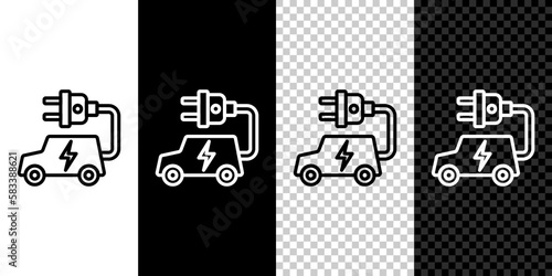 Set line Electric car and electrical cable plug charging icon isolated on black and white, transparent background. Renewable eco technologies. Vector