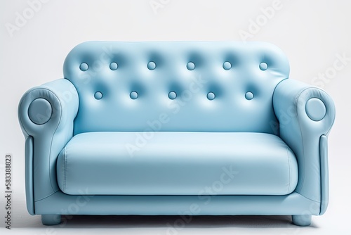The delicate armrests of the pastel blue PVC leather sofa have lovely blue fabric cushions, and it is set against a white background. There is clipping route here. Generative AI © 2rogan