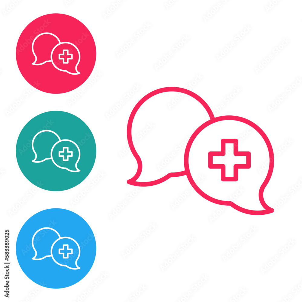 Red line Dialogue with the doctor icon isolated on white background. Doctor and patient dialog. Consulting about medical health services. Set icons in circle buttons. Vector Red line Dialogue with the doctor icon isolated on white background. Doctor and patient dialog. Consulting about medical health services. Set icons in circle buttons. Vector