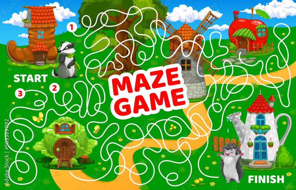 Obraz premium Labyrinth maze game cartoon fairytale house buildings. Kids vector board game worksheet help forest animals find their homes. Cute badger and hedgehog searching way to boot, apple, cabbage or windmill