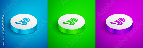 Isometric line Give gift icon isolated on blue  green and purple background. Gift in hand. The concept of giving and receiving a gift. White circle button. Vector