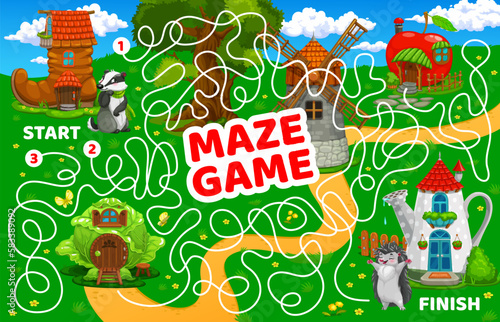 Labyrinth maze game cartoon fairytale house buildings. Kids vector board game worksheet help forest animals find their homes. Cute badger and hedgehog searching way to boot, apple, cabbage or windmill