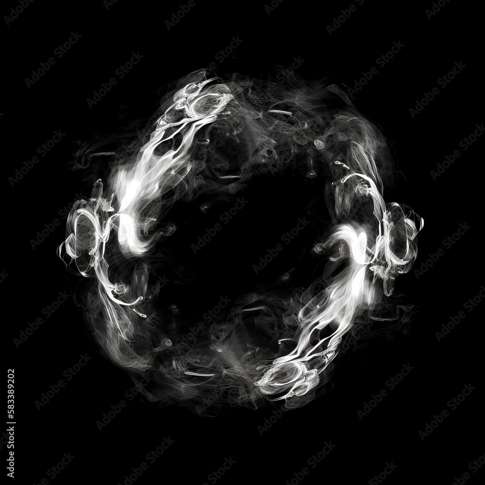 White smoke whirlpool with empty circle frame inside on black background, Generative AI. White smoke circle. Magic smoke or mist ring frame. Blank space frame in white smoke clouds. - obrazy, fototapety, plakaty 