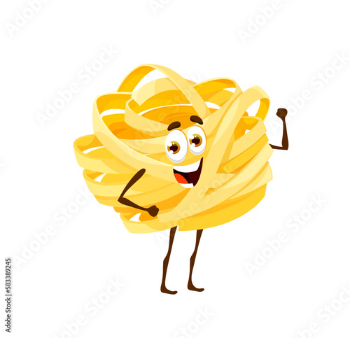 Cartoon fettuccine pasta character. Isolated vector comical cuisine meal personage. Cheerful and friendly macaroni with charming smile, cute and adorable dinner emoticon for recipe cook book or game