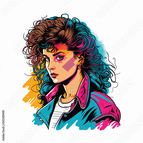 80s vintage girl full color illustration