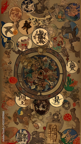 Generated AI, Asian Wallpaper about belief, astrology, strengthening luck and destiny, which is a fusion of the beliefs of Buddhism until it becomes a belief that helps hold people's hearts.