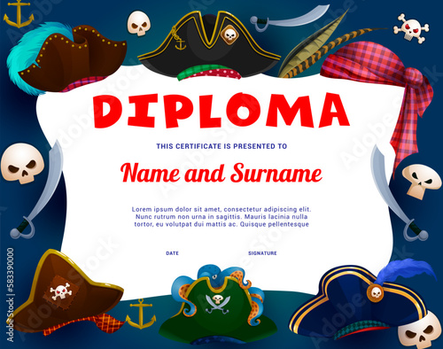 Kids diploma cartoon pirate hats and tricorn, sabers and skulls. Vector certificate with corsair cocked cap, bandana, buccaneer headwear. Child education or graduation award competition winner diploma