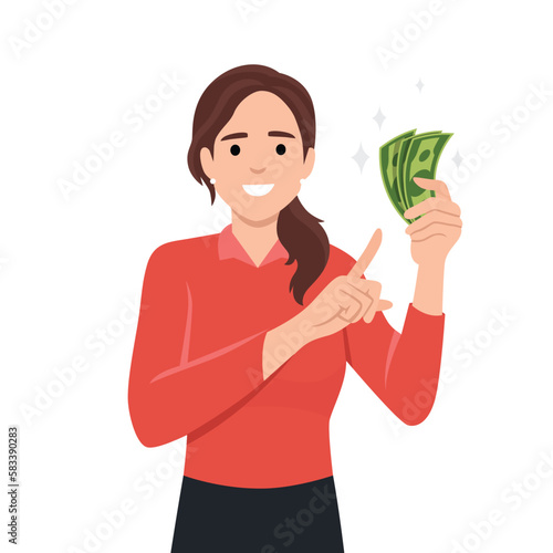Young woman holding cash/currency/money in hand and pointing towards that. Flat vector illustration isolated on white background