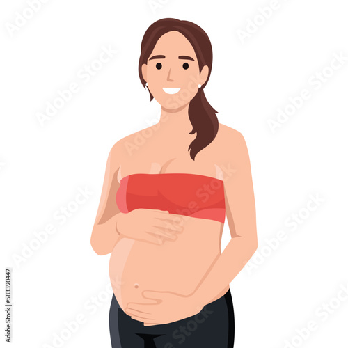 Smiling cute pregnant woman caressing her belly. Flat vector illustration isolated on white background