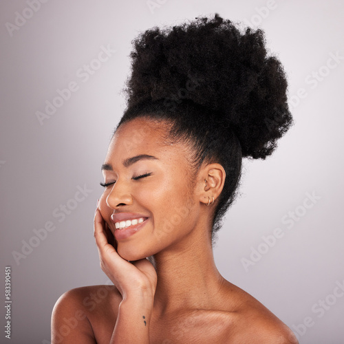 Skincare, smile and black woman with eyes closed in confidence, white background and cosmetics. Health, dermatology and natural makeup and African model in studio for healthy skin and wellness.