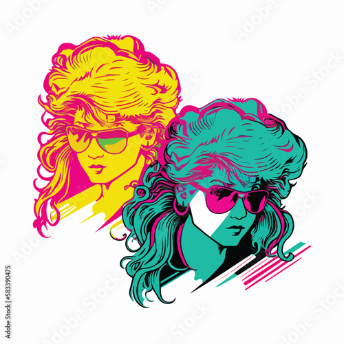 80s vintage girl full color illustration