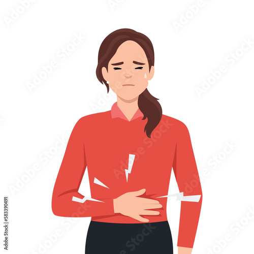 Diarrhea or constipation, problems with health concept. Young sad Woman standing feeling pain in stomach touching it with hands having Abdomen disease and illness. Flat vector illustration isolated on