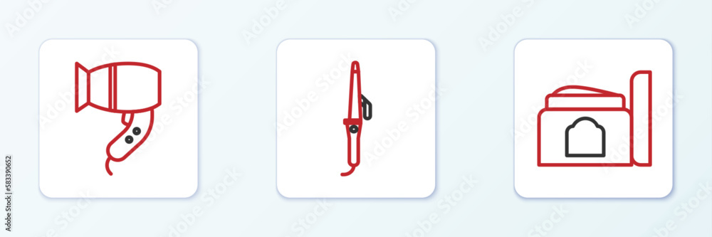 Set line Cream cosmetic tube, Hair dryer and Curling iron icon. Vector Set line Cream cosmetic tube, Hair dryer and Curling iron icon. Vector