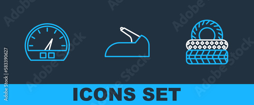 Set line Car tire, Speedometer and handbrake icon. Vector